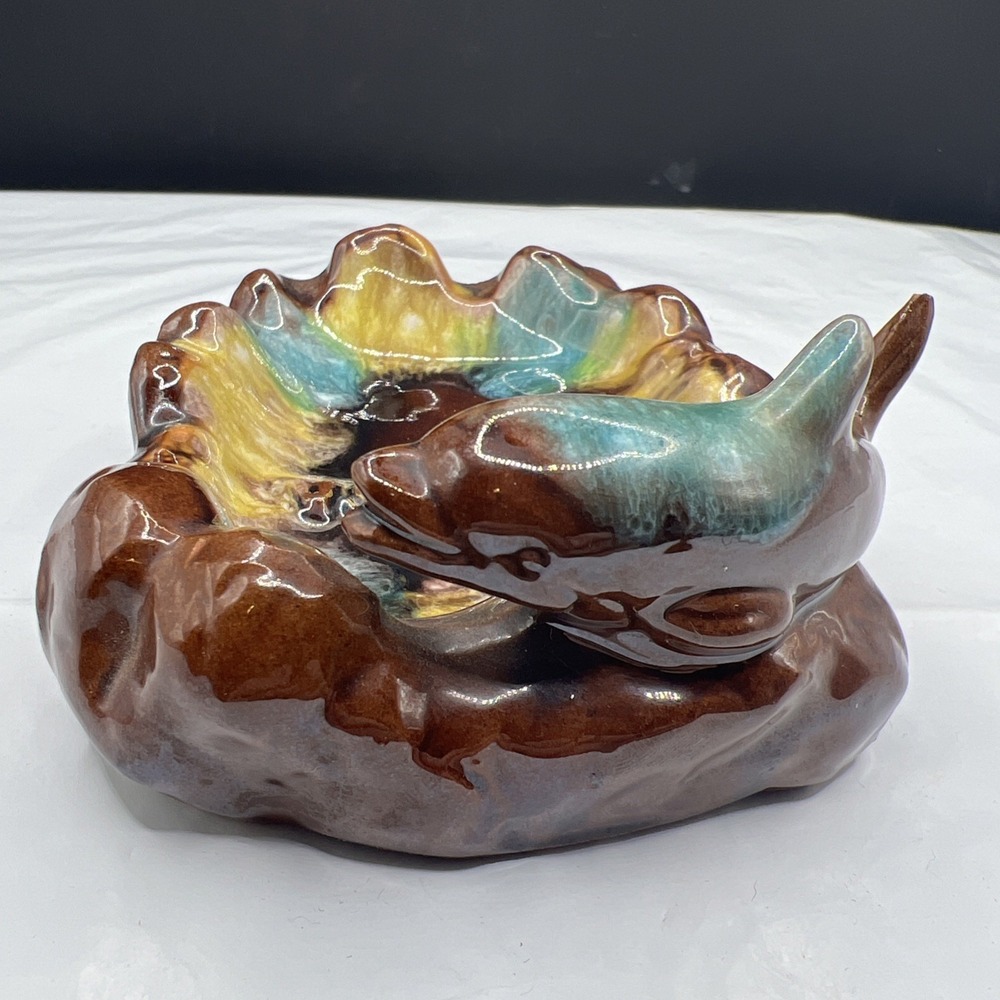 VTG MCM Florida Dolphin Souvenir Ceramic Ashtray Drip Glaze Catchall - Picture 5 of 8